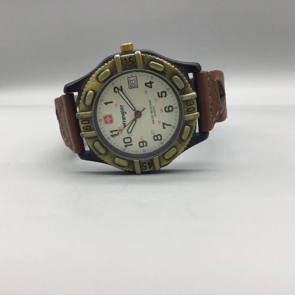 Wrangler Mens Watch 39mm White Dial Brown Leather Band Date New Battery